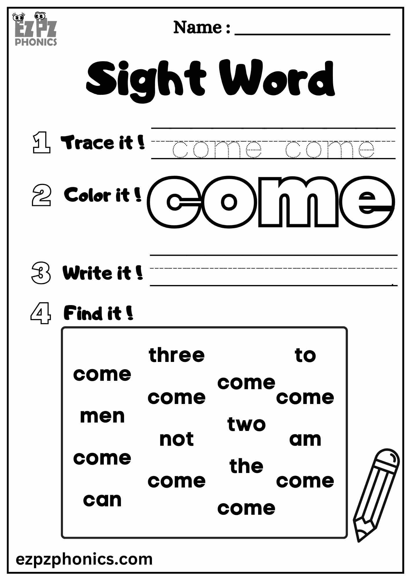 The Come Sight Word Worksheet for Pre-Kindergarten Students Dolch Sight Words Free PDF Download